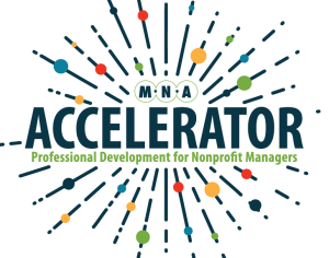 MNA Accelerator logo of starburst lines with multicolor dots and text Professional Development for Nonprofit Managers.