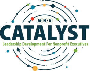 MNA Catalyst logo of expanding circles with multi color dots and text Leadership development for nonprofit executives.